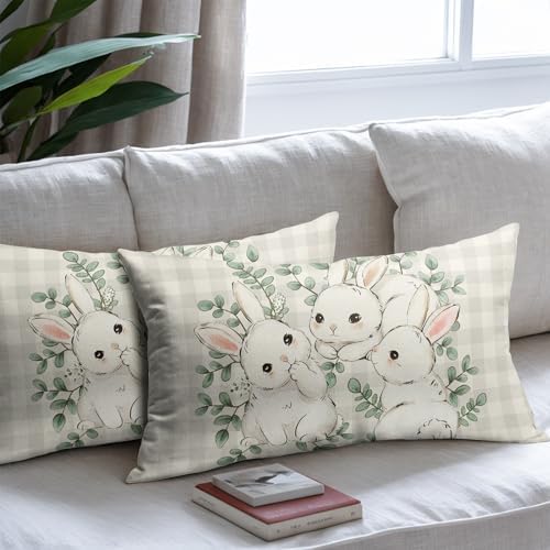 Easter Pillow Covers 12x20 Set of 2 Cute Bunny Rabbit Throw Pillow Covers Rustic Spring Pillowcase Linen Decoration Farmhouse Soft Decorative Plaid Cushion Case Couch for Indoor Outdoor Home Decor - Image 7