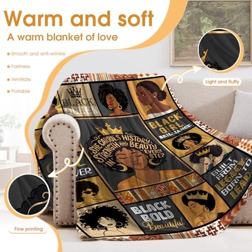 Black Queen Throw Blanket, Birthday for Black Women Girls Teens, Soft Cozy Blanket for Couch Sofa Bed, Lightweight Warm Decorative Throw for Living Room Bedroom,60"x80" - Image 3