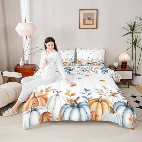 Erosebridal Fall Pumpkin Bedding Full,Autumn Maple Leaves Comforter Set Watercolor Pumpkins Eucalyptus Bed Sets Harvest Thanksgiving Farmhouse Duvet Insert 3 Pieces - Image 2