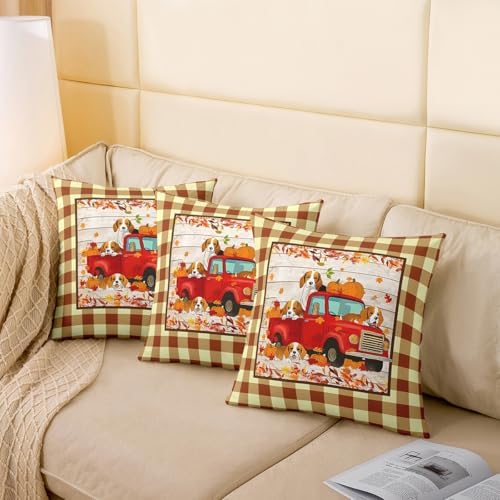 Autumn Truck 2 Pack Pillow Covers,Rustic Maple Leaves Pumpkin Cute Puppy Dog Reversible Print Cushion Covers,Thanksgiving Day Retro Brown Plaids Patchwork Couch 20"x 20" Pillow Covers - Image 4
