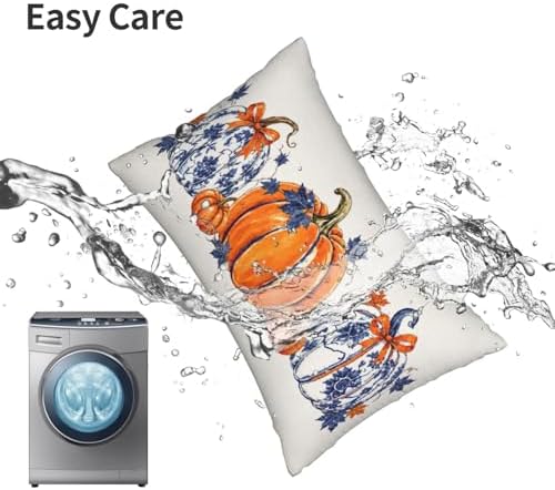 Fall Pillow Covers 12x20 Set of 2 Chinoiserie Blue and Orange Pumpkin Throw Pillows Autumn Thanksgiving Decorative Pillow Cases Harvest Outdoor Decor Linen Farmhouse Cushion Case for Couch Bed - Image 7