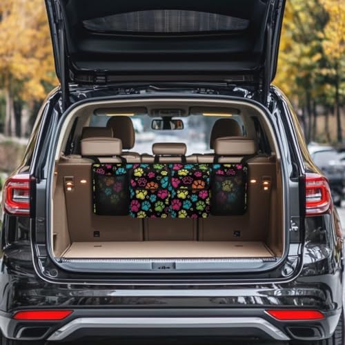 Colorful Dog Paw Print Car Trunk Organizer Car Backseat Storage Bag with 4 Pockets Hanging Trunk Cargo Storage Universal Auto Accessories for Sedans SUV Trucks Van
