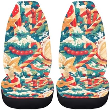 Christmas 2 Pcs Set Car Seat Covers, Cartoon Christmas Tree Seat Covers for Cars Winter Snowflake, Xmas Crutch Candy Decor Universal Seat Cover for Sedan, SUV, Truck