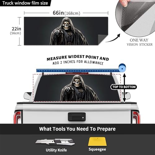Retro Grim Reaper Truck Rear Window Graphic Decals, Horror Dark Gothic Skeleton Pickup Car Window Stickers Truck Back Window Film Decal for Trucks SUV 66 x 22 inch