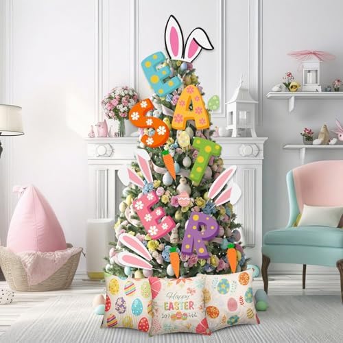 HunnmingRe 19 Pcs Easter Decorations Tree Ornament Large Bunny Ear Tree Topper Easter Egg Pillow Covers Rabbit Ear Picks Carrot Ornaments for Home School Office Spring Party Decor - Image 4