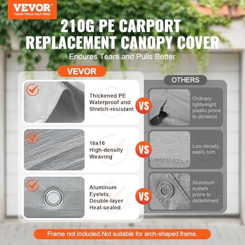 VEVOR Carport Replacement Canopy Cover 13 x 20 ft, Garage Top Tent Shelter Tarp Heavy-Duty Waterproof & UV Protected, Easy Installation with Ball Bungees,Grey (Only Top Cover, Frame Not Include) - Image 2