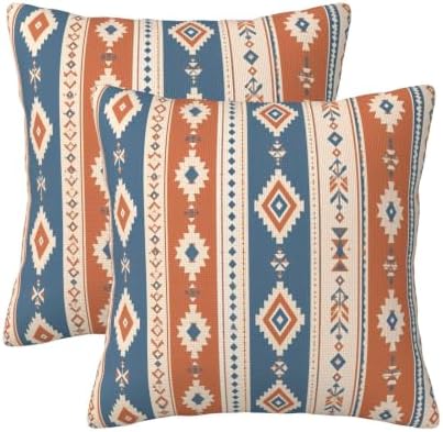 KiuLoam Dusty Blue Orange Boho Throw Pillow Covers 16x16 Set of 2, Rustic by KiuLoam