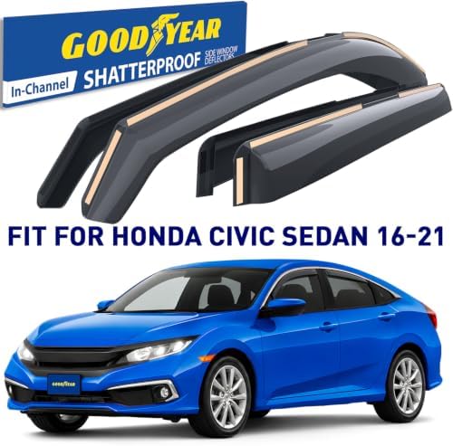 Goodyear Shatterproof in-Channel Window Deflectors for Honda Civic 2016-2021 Sedan, Rain Guards, Window Visors for Cars, Vent Deflector, Car Accessories, 4 pcs - GY008069