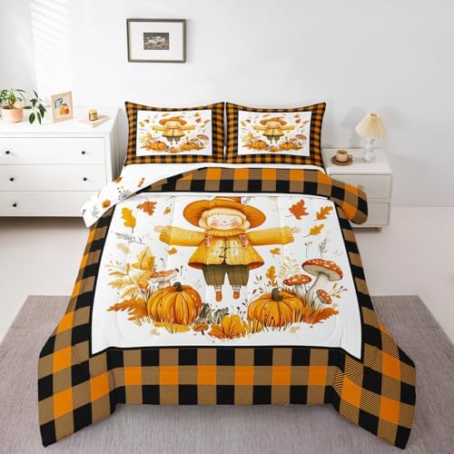 Erosebridal Fall Scarecrow Comforter Set for Kids Boys Girls Autumn Harvest Bedding Thanksgiving Pumpkins Duvet Set Black and Orange Grid Comforter Queen with 2 Pillowcases by Erosebridal
