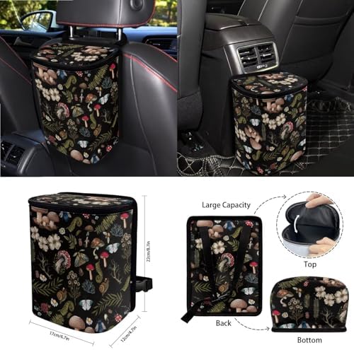 Cottagecore Mushroom Snail Moth Fern 15Pcs Car Seat Cover Full Set Car Steering Wheel Cover Seat Belt Cover Trash Bin Air Vent Storage Box Front Rear View Mirror Car Cup Holder Keychain