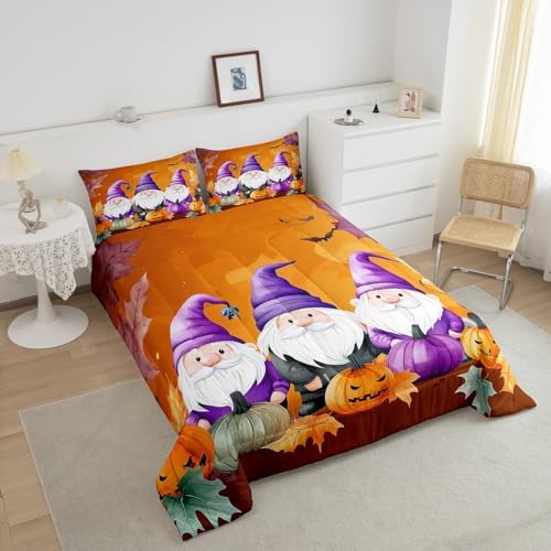 Erosebridal Fall Gnome Comforter Set Twin Size Thanksgiving Pumpkin Bedding Set for Kids Children Autumn Harvest Down Comforter Maple Leaf Quilt Set Orange Purple Lightweight Room Decor 1 Pillow Case - Image 5
