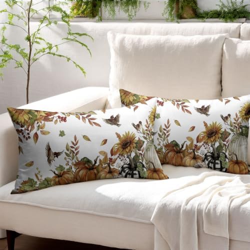 Fall Sunflower Throw Pillow Covers 12x20 Set of 2 Autumn Buffalo Plaid Pumpkin Thanksgiving Pillow Covers Bird leaves berries Pillowcase Vintage for Kitchen Sofa Cushion Outdoor Bedroom Decoration - Image 3