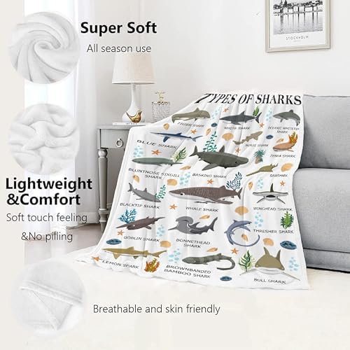 Types of Sharks Blanket Gifts for Women Teens Men Adult Shark Lovers - Shark Print Plush Cozy Warm Fuzzy Throw Flannel Comforter Sheet Decor for Birthday Home School Car Bed Couch Sofa - 50" X 60" - Image 2