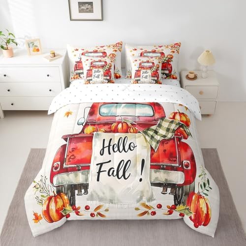 Erosebridal Happy Fall Y'all Bedding Set with Sheets Pumpkin Truck King Comforter Set 7 Piece,Rustic Farmhouse Thanksgiving Harvest Bed in A Bag for Kids Adults,Autumn Maple Leaves Bed Set - Image 2
