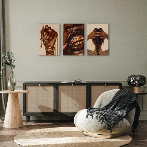 Black Girl Canvas Wall Art Living Room Modern Abstract Gold Jewelry Accessories Canvas Painting African Female Framed Artwork Woman Room Decor Living Room Bathroom Fashion Home Decorations 16x24 3Pcs - Image 3