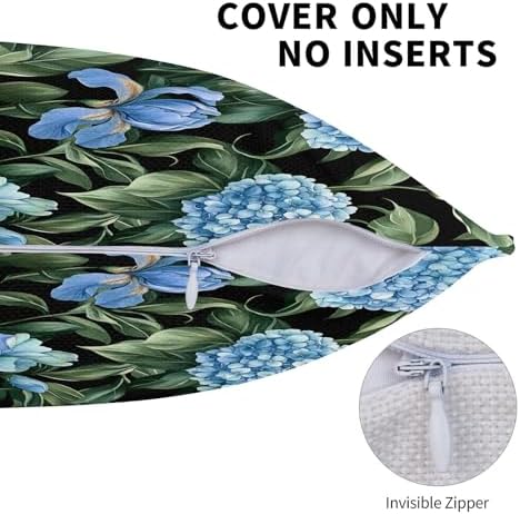 KiuLoam Black and Blue Hydrangea Pillow Covers 16x16 Set of 2, Summer Hydrangea Flower with Green Leaves Print Decorative Throw Pillow Cases, Farmhouse Style Outdoor Cushion Covers for Sofa Couch - Image 6