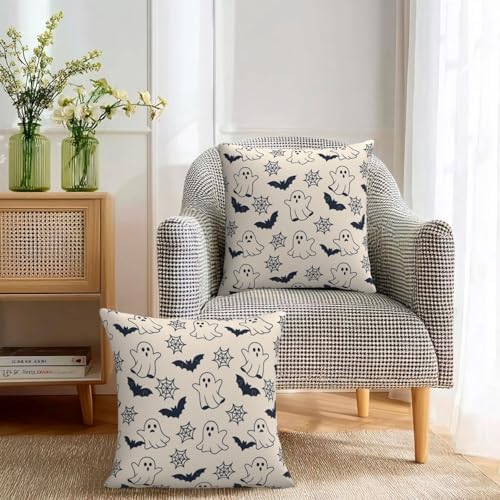 KiuLoam Cute Halloween Pillow Covers 24x24 Set of 2, Black Ghost Bats Spider Webs Print Decorative Throw Pillow Cases, Rustic Farmhouse Style Outdoor Cushion Covers for Sofa Couch Living Room Bed - Image 3
