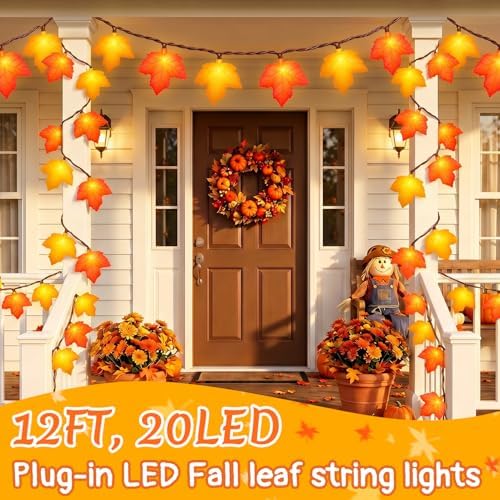 12Ft 20 LED Fall String Lights Plug in Orange Yellow Maple Leaf String Lights Waterproof, for Autumn Home Porch Bedroom Mantel Staircase Fence Fall Decor and Thanksgiving Decorations Indoor Outdoor - Image 6