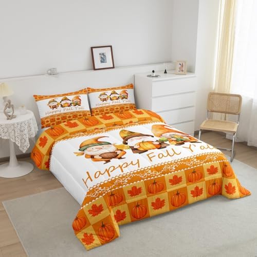 Erosebridal Cute Gnome Comforter Set Full Size Pumpkin Bedding Set Maple Leaves Sunflower Fruits Autumn Harvest Down Comforter for Kids Girls Boys Duvet Insert Thanksgiving Orange Room Decor 3Pcs - Image 6