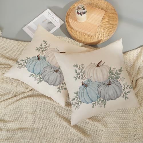 Fall Pillow Covers 18x18 Set of 2 Watercolor Blue White Pumpkin Pillow Cases Autumn Harvest Outdoor Fall Decoration Throw Pillows Linen Thanksgiving Cushion Case for Couch Sofa Home Decor - Image 6