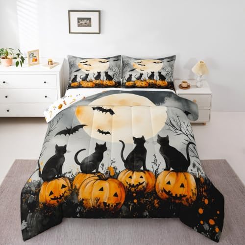 Happy Halloween Comforter Set Moon Pumpkin Cats Comforter Queen Size Cartoon Cat Bat Animal Rustic Bedding Set for Kids Adult Bedroom Decor Fashion White Black Quilt Duvet,3 Pcs with 2 Pillowcase - Image 6