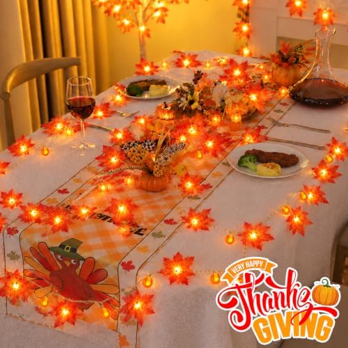 YEGUO 2Pack Fall Garland Lights, 20ft 40LED Maple Leaves with Pumpkin - Image 2