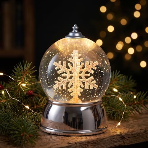 Christmas Snow Globe with Music & Swirling Glitter, Silver Snowflake Snow Globe with Timer, USB & Battery Powered Musical Water Globe for Indoor Christmas Decorations, Tabletop by Qualdout