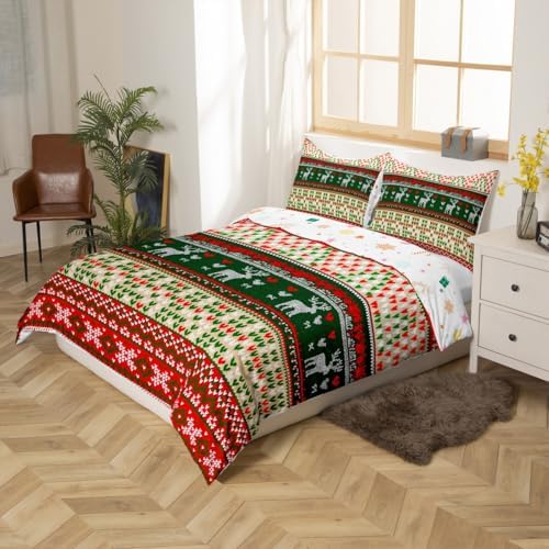Christmas Deer Kids Duvet Cover Set Full Size,Snowflake Love Heart Xmas Romantic Bedding Set,Girls Boys Adults Room Decor,Merry Christmas Comforter Cover,Red Green Fashion Quilt Cover,2 Pillowcases - Image 5