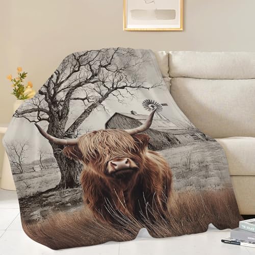 Highland Cow Blanket Highland Cow Throw Blankets Rustic Farmhouse Cattle Print Cozy Fleece Flannel Stuff Plush Lightweight Bedding Lover Gifts for Men Women Adults for Couch Sofa Bed Decor 60"X80" - Image 3
