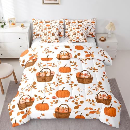 Erosebridal Thanksgiving Fall Harvest Queen Comforter Set 7 Piece,Farm Sunflower Pumpkin Bed in A Bag Rustic Farmhouse Maple Leaf Bedding Set Autumn Orange Brown Sheet Set with Comforter by Erosebridal