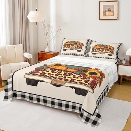 Plaid Pumpkin Bed Sheets Fall Thanksgiving Harvest Bedding Set Gifts For Kids Teen Adults Full,Brown Leopard Truck Pumpkins Fitted Sheet Set,Butterfly Sunflower Maple Leaf Flat Sheet 2 Pillow Cases by Erosebridal