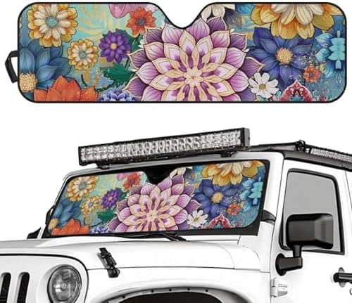 Renewold Car Front Window Sun Shade Automotive Windshield Sunshade for Jeep Wrangler JK JKU JL JLU 2/4 Door Gladiator JT 2020-2023 Boho Flower Auto Sun Blocker Visor Protector Shield Car Accessories