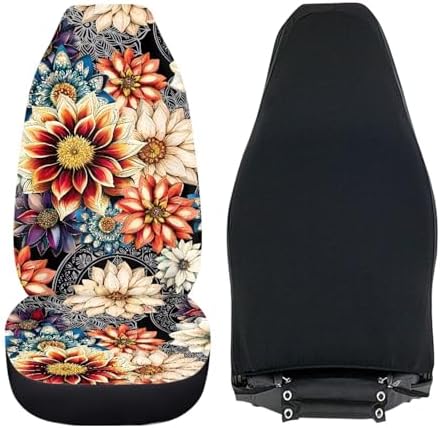 Dahlia Flowers Blossom Car Seat Covers for Front Seats Ethnic Style Bucket Seat Covers Universal Fit for SUV Truck Sedan Front Seat Protector,2 Piece Set