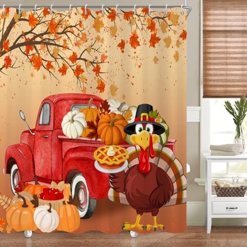 Thanksgiving Turkey Shower Curtain, Fall Autumn Harvest Pumpkins Sunflower Red Truck Maple Trees Thanksgiving Day Bathroom Curtain Waterproof Fabric Machine Washable with Hooks, 72" Wx96 L by Caheansi