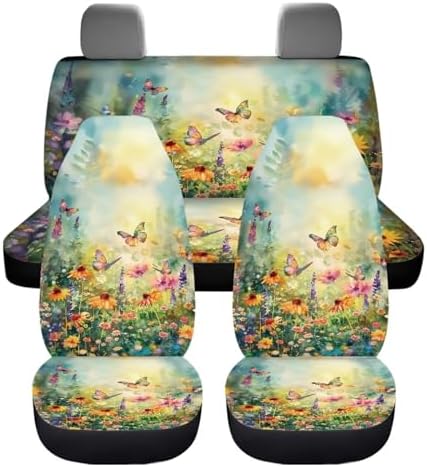 Butterfly Vibrant Floral Pattern Car Accessories Car Seat Covers Front Rear Breathable Seat Covers Universal Fits for Truck, Sedan, SUV Auto Interior Protector
