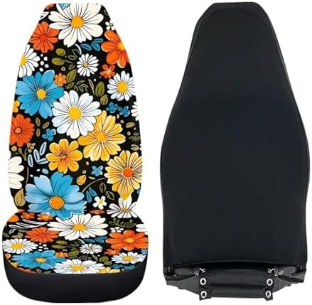 BIGCARJOB Hippie Daisy Car Seat Cover Set for Front Seat Only,2 Pack Blossom Flower Printed Auto Front Seat Protector Saddle Blanket for Women Girly Car Interior Accessories