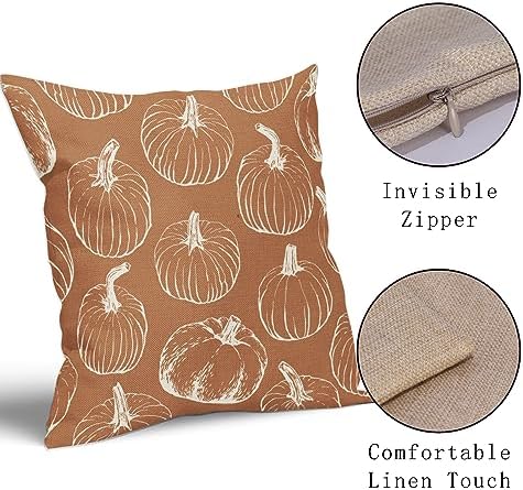 Fall Pumpkin Pillow Covers 18x18 Set of 2 Autumn Themed Thanksgiving Harvest Burnt Orange Print Decorative Throw Pillows Outdoor PillowCase Farmhouse Linen Cushion Case Decor for Home Sofa Couch Bed - Image 4