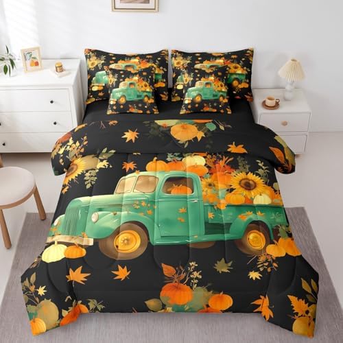Erosebridal Thanksgiving Harvest Twin Comforter Set 7 Piece,Fall Pumpkin Truck Bedding Set with Sheets Farmhouse Maple Leaf Sunflower Bed in A Bag for Kids Adults Rustic Autumn Bed Set by Erosebridal
