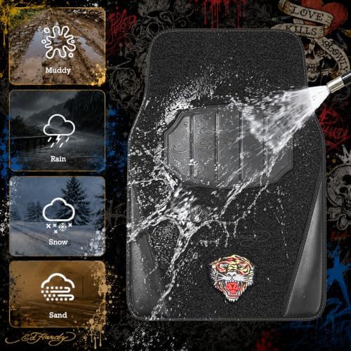 ED HARDY Tiger Print Car Floor Mats, Carpet Floor Mats with Black Leather Design, Automotive Car Mats with Built-in Heel Pad & Anti-Slip Backing, Fits Most Cars, SUVs & Trucks, Durable & Odorless