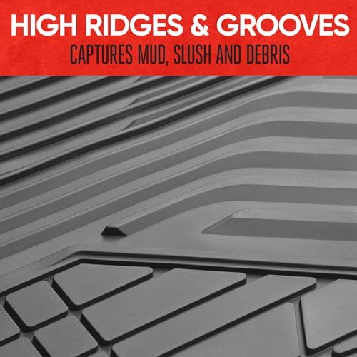 Motor Trend AdventureMax Car Floor Mats Full Set - Durable Rubber Floor Mats for Cars with Debris Capture Grooves, All Weather Interior Protection for Front and Rear with Non-Slip Backing, Gray