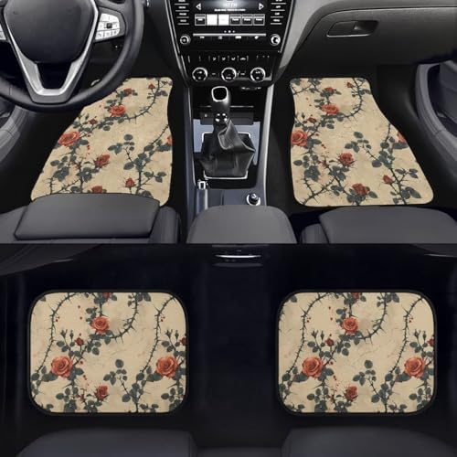 Rose 4 Pcs All Weather Car Floor Mats, Retro Garden Front & Rear Row Foot Mat Interior Accessories, Gothic Thron Floral Universal Fit for SUV Sedan Van