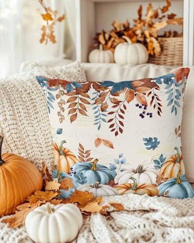 JasmineM Thanksgiving Fall Orange Blue Pumpkin Pillow Covers 20x20 Inch Set of 2, Farmhouse Leaves Decorations Indoor Outdoor Throw Pillows, Orange Blue Linen Pillowcases for Patio Sofa Couch Bedroom - Image 3
