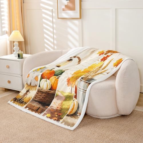 Fall Harvest Sherpa Blanket Pumpkin Scarecrow Wheat Throw Blanket Bedroom Living Room Soft Cozy Country Thanksgiving Blankets Decor for Bed Couch Sofa Orange Green Silvery Flannel Blankets 50"x60" - Image 5