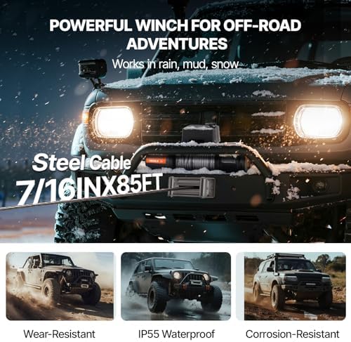 VEVOR Electric Winch, 18,000 lb Truck Trailer Jeep Winch, 12V DC 7/16 in x 85 ft Steel Cable Roller Fairlead Wireless & Wired Remote Control, IP55 Waterproof Towing for Off Road SUV Jeep Truck Trailer - Image 4