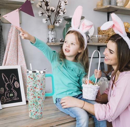 Easter Tumbler 40oz Bunny Floral Coffee Mugs Cute Spring Peeps Leak Proof Cups with Handle and Straw Stainless Steel Vacuum Insulated Water Bottle Easter Gifts for Rabbit Lover (1PCS) - Image 2