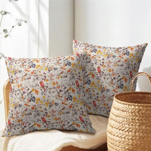 Fall Plant Pillow Covers 18x18 Set of 2 Autumn Red Cardinal Bird Maple Leaves Outdoor Throw Pillows Covers Vintage Rustic Farmhouse Decorative Farmhouse Cushion Case for Living Room Couch Sofa - Image 7
