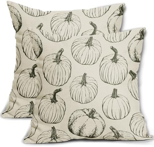Olive Green Pumpkin Fall Pillow Covers 16x16 Set of 2 Autumn Themed Thanksgiving Harvest Print Decorative Throw Pillows Outdoor Farmhouse Pillowcases Cushion Case Seasonal Decor for Couch Sofa Bed by Aytipun