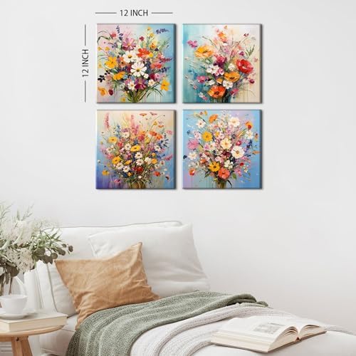 Colorful Flower Pictures Wall Decor Abstract Floral Wall Art for Bedroom Watercolor Poppy Daisy Posters Pink Flowers Painting Nature Bouquet Canvas Prints Artwork Living Room Home Decoration 12x12” 4P - Image 4