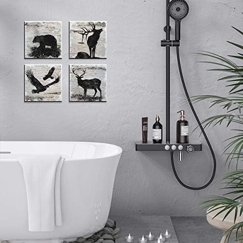 Rustic Animals Office Decor Wildlife Wall Art Canvas Print Eagle Elk Bear Black and White Silhouette Painting Picture Artwork for Living Room Bedroom Home Decoration Ready to Hang 20x20 Inch 4 Panels - Image 3