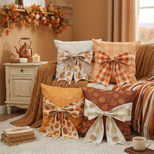 GAGEC 3D Fall Bow Pillow Covers 20x20 Inch Set of 4 Plaid Bow Pillowcases Marple Leaves Pumpkins Autumn Decor Fall Decorations for Home Farmhouse Sofa Cushion Case Holiday Thanksgiving Indoor Decor - Image 6